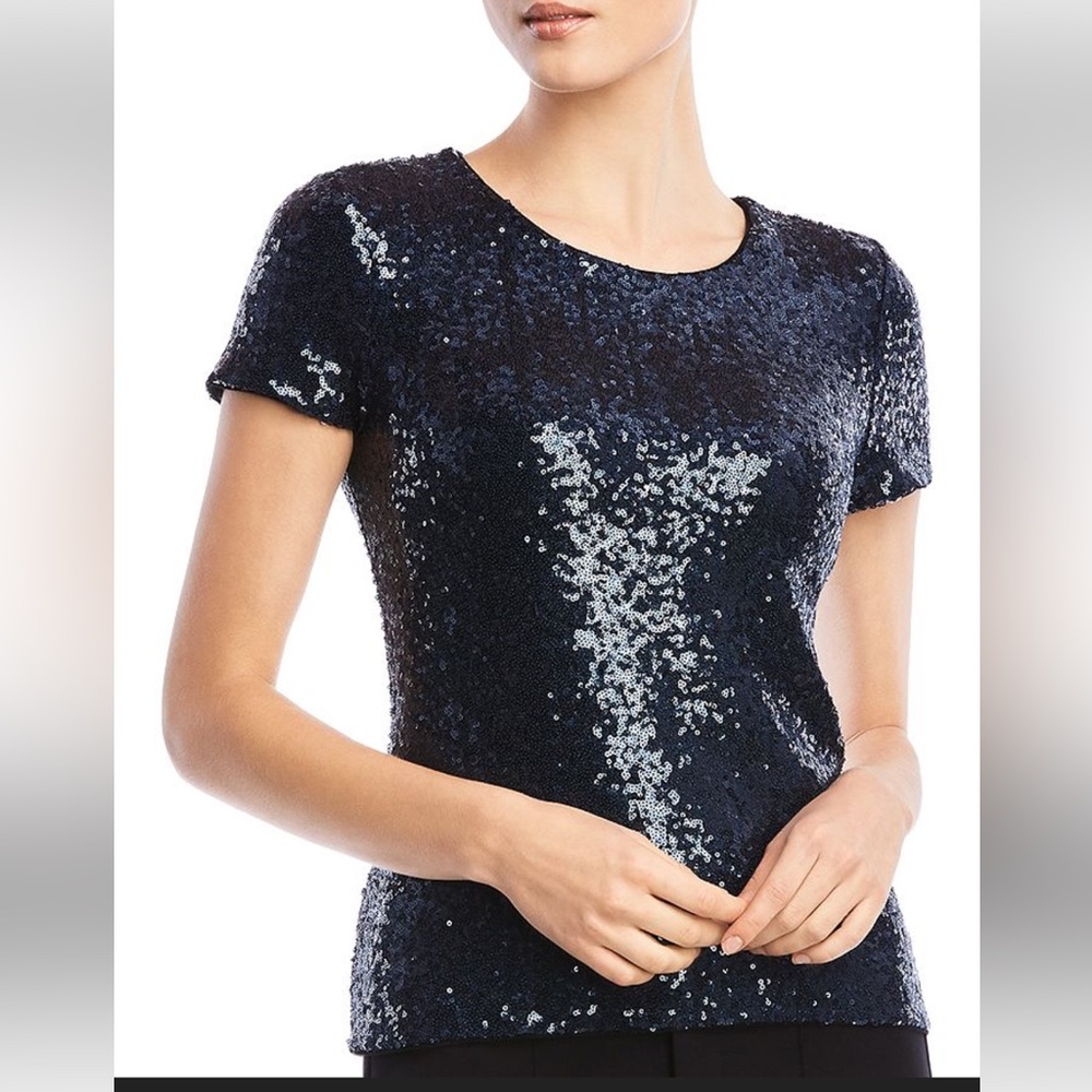 Bailey 44 Edie Sequin Navy Blue Short Sleeve crew Neck Top Size Small
